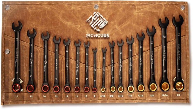 ironcube Ratcheting Wrench Set For Men: 16-Piece Metric & SAE - Black Chrome Vanadium - Including Water-Resistant Wax Canva Bag - for Automotive Repair - Image 1